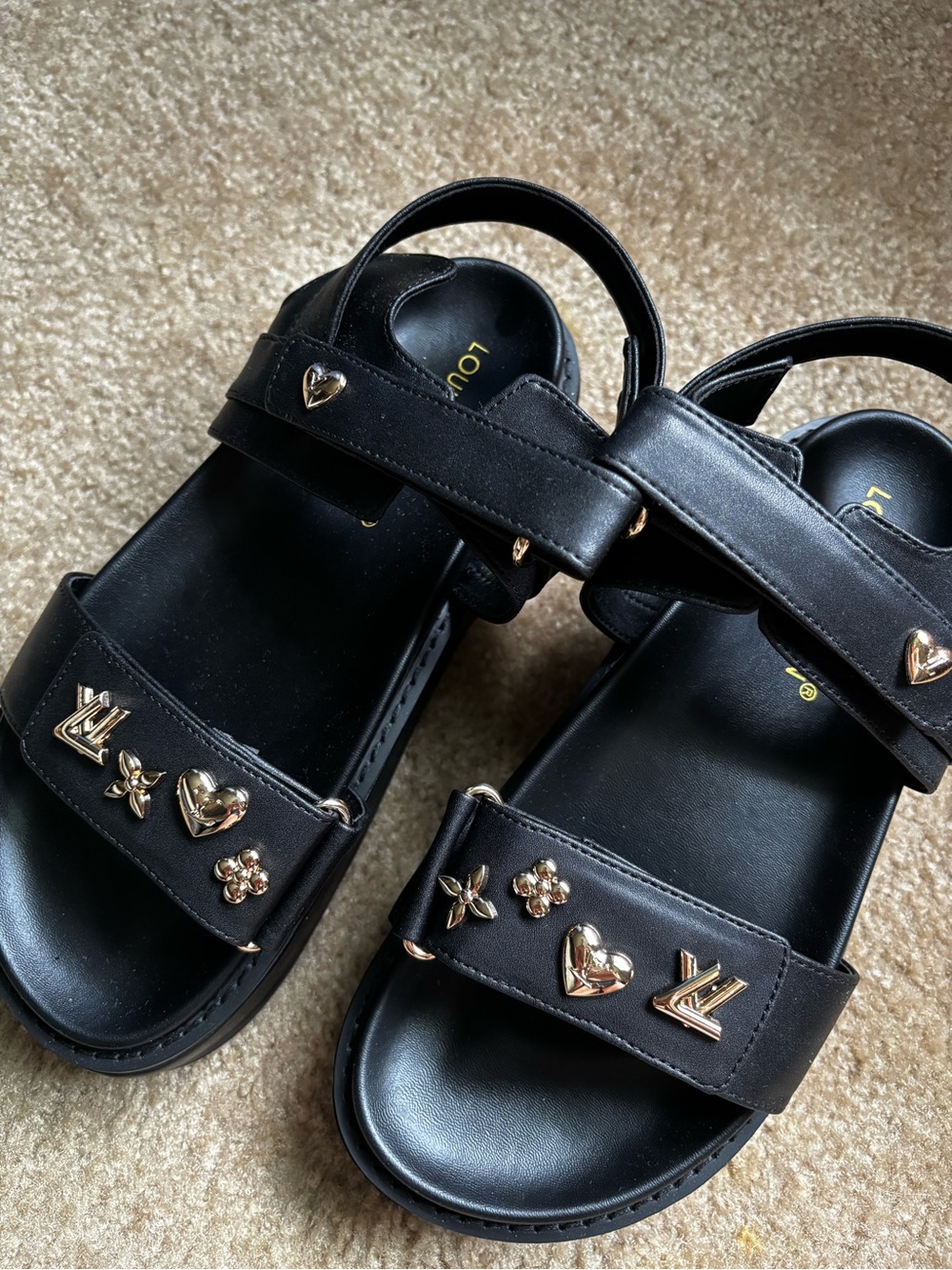 Louis Vuitton ‘dad’ Sandals with Gold Heart & Charm Accent